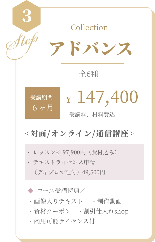 基本コース BASIC 全5種 資格取得¥88,000 受講料、材料費込 <対面/オンライン/通信講座>・ レッスン料 55,000円（資材込み） ・ 認定校登録費（ディプロマ証付） 33,000円  コース受講特典／ ・画像入りテキスト　 ・制作動画　・資材クーポン　・割引仕入れshop　・商用可能ライセンス付